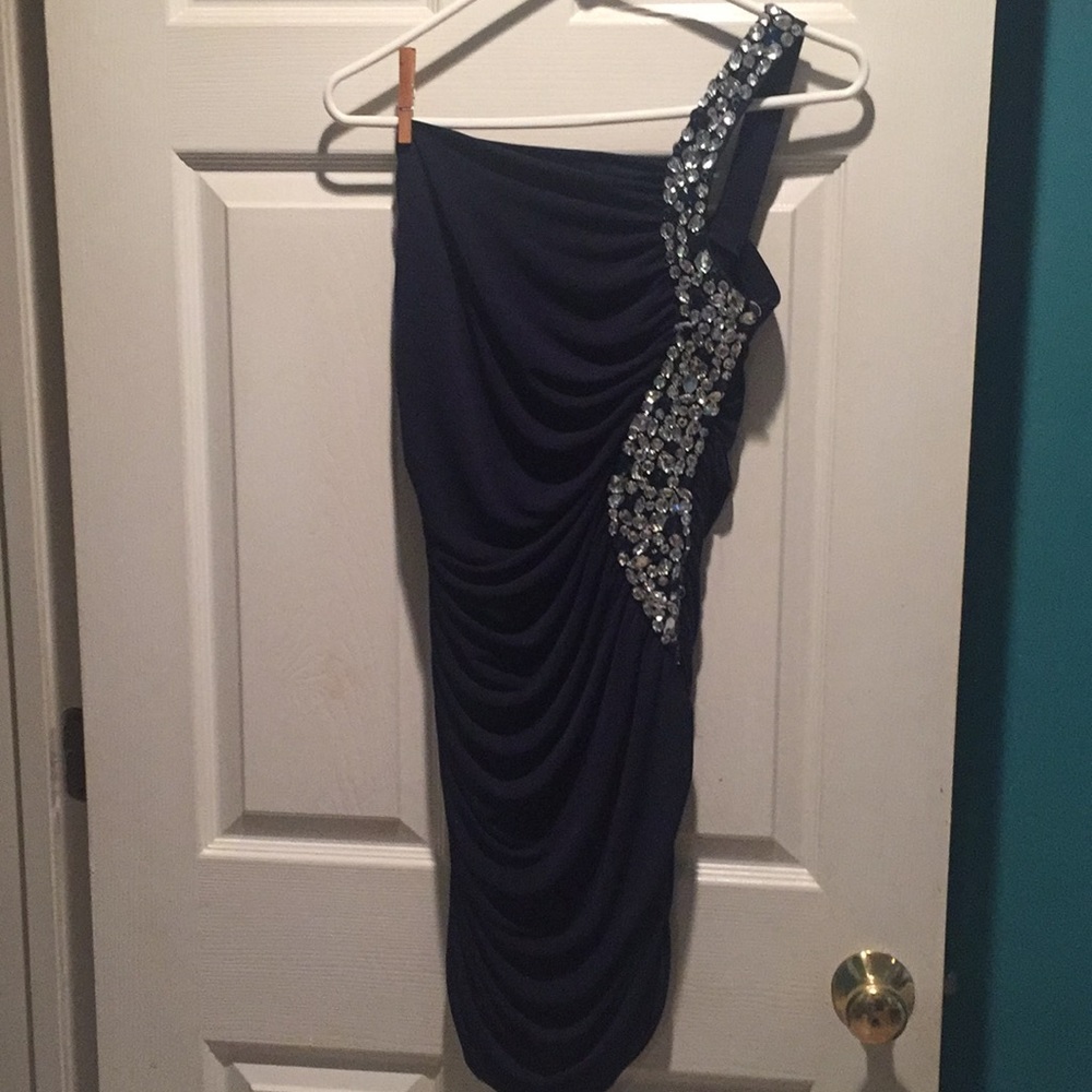 Navy rhinestone party dress, altered.
